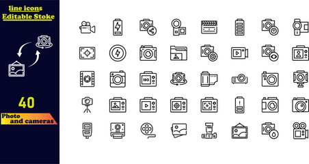 Vector line icon set for photography and cameras, including symbols for portraits, family photos, cameras, film, files, and more. Editable stroke icons.