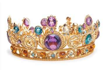 Golden crown with precious stones on isolated white background
