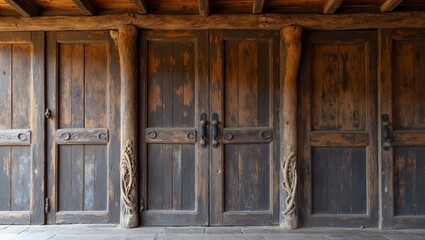 Dark weathered wood panels with hand carved vines and leaves