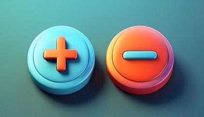 Obraz premium A colorful illustration of blue and red buttons featuring a plus sign and a minus sign, symbolizing addition and subtraction concepts.