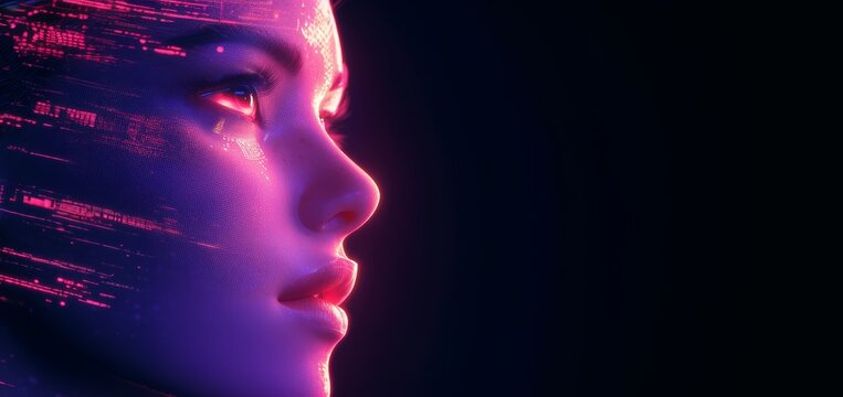 Androgynous face on the right side with digital glitches