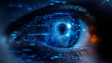 A closeup of a blue digital cyber electronic light beam on a human eye