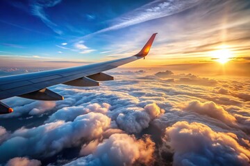 Naklejka premium Airplane wing flying above clouds