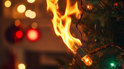 A Christmas tree light catches fire, with flames spreading along the string, posing a severe fire hazard during holiday celebrations.
