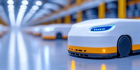 Naklejka premium futuristic autonomous robot on warehouse, symbolize robotics and automation in modern logistics