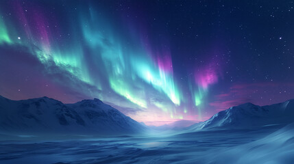 Fototapeta premium Northern Lights Over Snowy Mountains – Fatigue-Free Video Conference Wallpaper