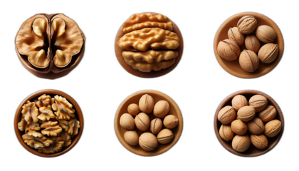  Noci dall'alto- Sei set di noci su uno sfondo bianco. Ogni set include una noce intera con _1(261)