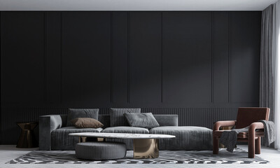 Modern black living room interior with a soft elegant sofa and red chair, textured pillows and...