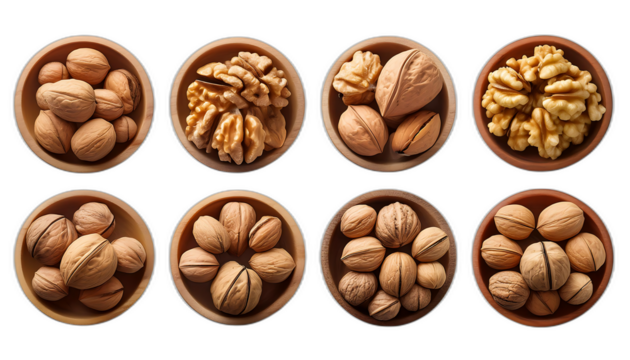  Noci dall'alto- Sei set di noci su uno sfondo bianco. Ogni set include una noce intera con _1(262)