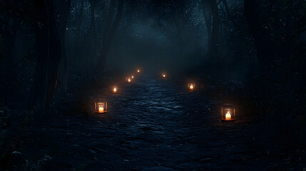 Obraz premium Mysterious forest path illuminated by candlelit lanterns, creating an eerie atmosphere in the night. Generative AI