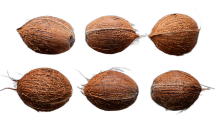  Noci di cocco dall'alto- Sei noci di cocco disposte su uno sfondo bianco, riprese dall'_1(267)