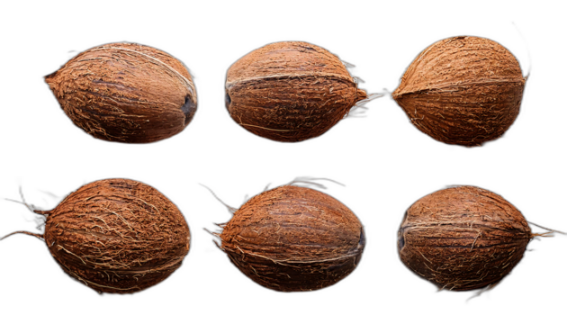  Noci di cocco dall'alto- Sei noci di cocco disposte su uno sfondo bianco, riprese dall'_1(267)