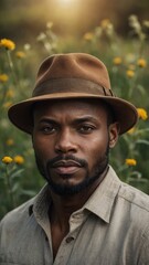 Middle-aged Black man with beard wearing tan hat and jacket, standing in field of yellow flowers