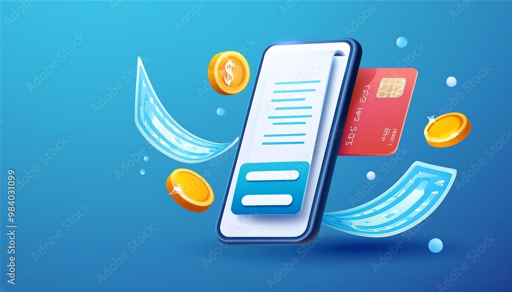 Poster a smartphone displaying a digital payment interface, surrounded by coins and a credit card, symboliz