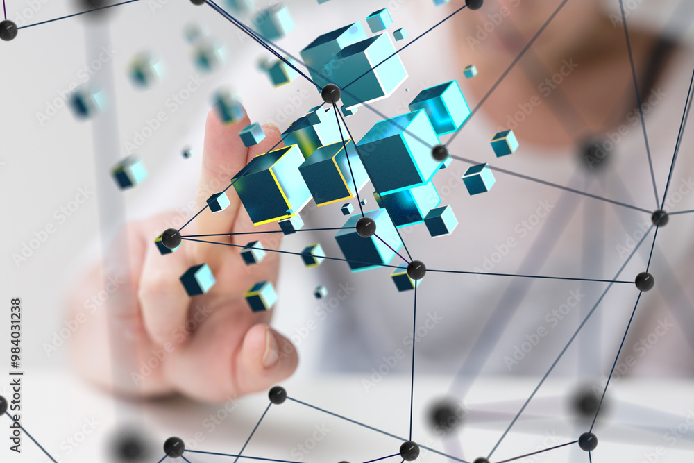 Poster Neural network 3D illustration. Big data and cybersecurity