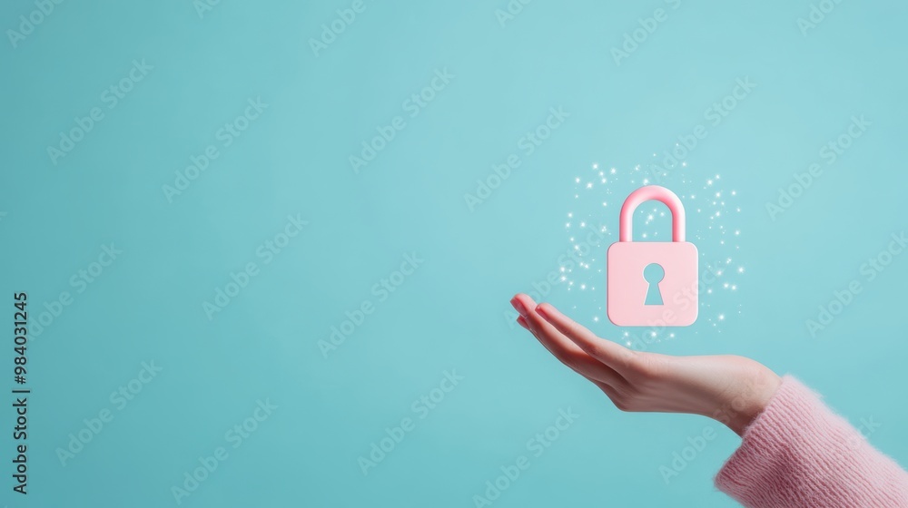 Poster a hand holding a device with a padlock icon, representing the secure transfer of data through encryp