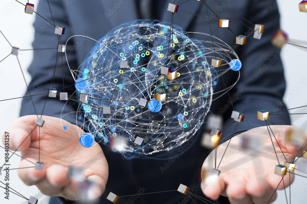 Fototapete Global network. Blockchain. 3D illustration. Neural networks and artificial intelligence. Abstract