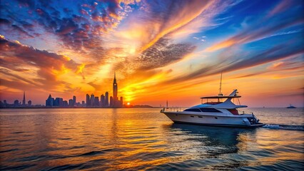 Fototapeta premium Amazing sunset in Dubai with colorful sky, calm sea, small yacht