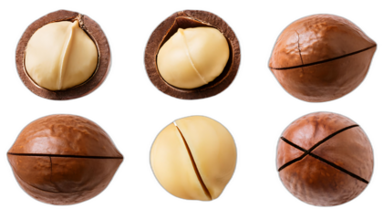  Noci di macadamia dall'alto- Sei set di noci di macadamia su uno sfondo bianco. Ogni set in_1(269)
