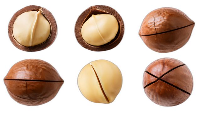  Noci di macadamia dall'alto- Sei set di noci di macadamia su uno sfondo bianco. Ogni set in_1(269)