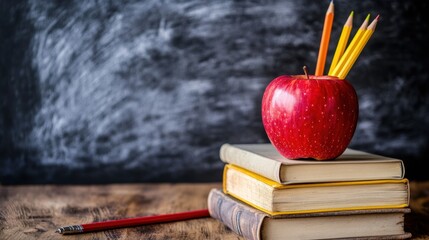 Red apple balanced on a stack of books with pencils leaning against the pile and a blank chalkboard behind them symbolizing education and learning