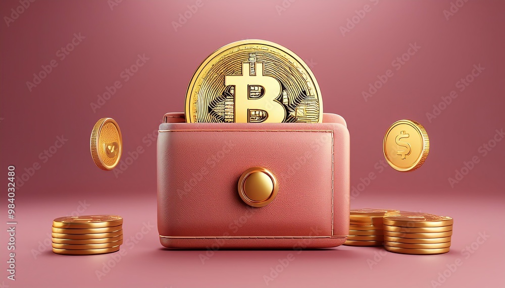 Poster a stylish wallet containing a large bitcoin surrounded by floating coins, symbolizing digital curren