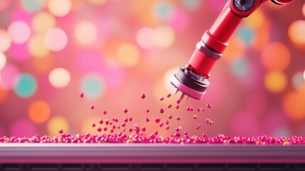 A robot arm interacting with a conveyor belt, identifying and sorting objects based on machine learning algorithms.