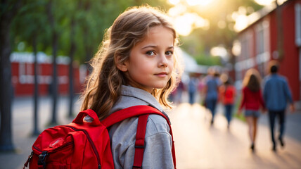 Naklejka premium A young girl with long hair wearing a red backpack walks along a sunlit path near brick buildings, looking back.