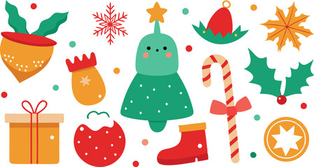 Christmas elements collection in hand drawn vector illustration, Print