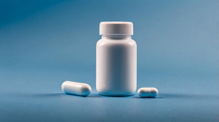Image featuring a white pill bottle with one capsule beside it and another larger pill also nearby, on a blue background.