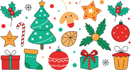 Christmas elements collection in hand drawn vector illustration, Print