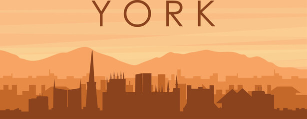 Brown panoramic poster of the city skyline with misty background buildings, sunrise, clouds and mountains of YORK, UNITED KINGDOM