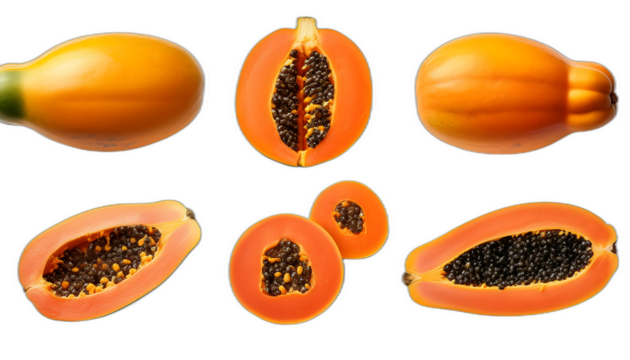  Papaya dall'alto- Sei set di papaya su uno sfondo bianco. Ogni set contiene una papaya inte_1(280)