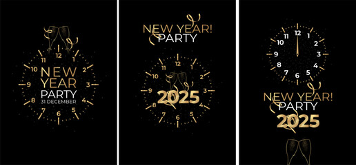 New Year 2025 event design templates. Elegant and modern style. Golden 2025 numbers and champagne glasses silhouette toasting. Vector illustration.