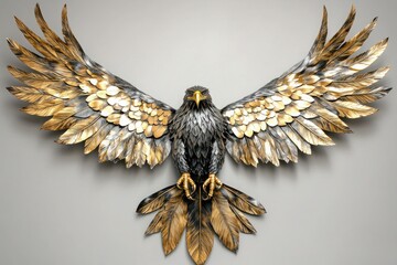 A stylized depiction of a flying eagle in metal with spread wings and intricate feather details, crafted in a blend of brushed steel and gold, designed to hang dramatically on a feature wall.