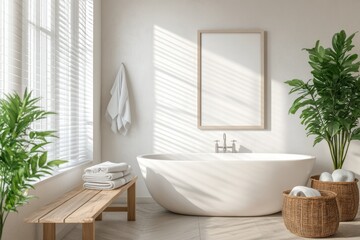 A bright, sunlit bathroom with a freestanding white bathtub and a wooden bench adorned