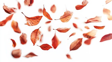 minimalist photograph of red and brown falling leaves against a white background, captured with a blurred effect and soft lighting, creating a high-resolution, detailed autumn concept with no shadows