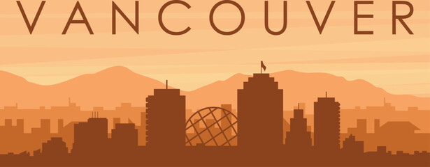 Brown panoramic poster of the city skyline with misty background buildings, sunrise, clouds and mountains of VANCOUVER, CANADA