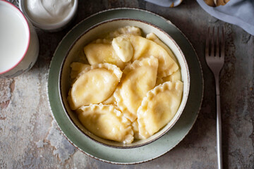 Dumplings with cottage cheese. Home cooking: ravioli with cheese in a beautiful plate on a gray background. View from above. Close-up