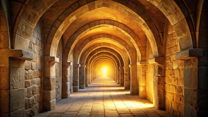 Fototapeta premium Ancient stone corridor with arched doorways illuminated by warm golden light with depth of field