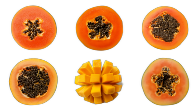  Papaya dall'alto- Sei set di papaye su uno sfondo bianco. Ogni set comprende una papaya int_1(285)