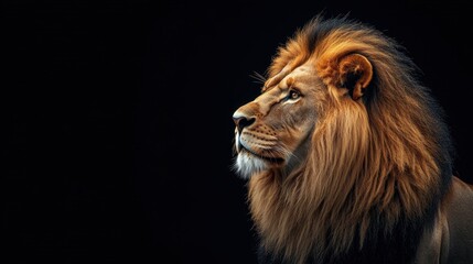 Obraz premium Lion with a majestic mane standing in profile against a black background, eyes glowing and posture exuding power and regality