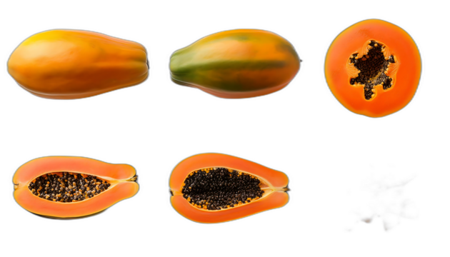  Papaya dall'alto- Sei set di papaye su uno sfondo bianco. Ogni set comprende una papaya_1(287)
