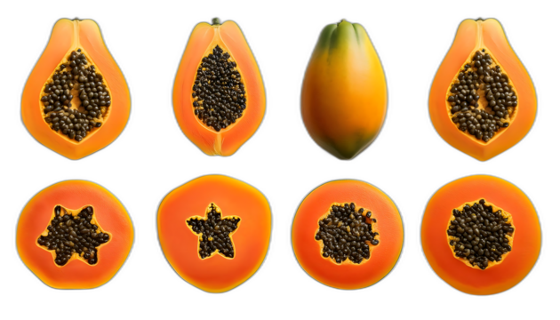  Papaya dall'alto- Sei set di papaye su uno sfondo bianco. Ogni set comprende una papaya int_1(286)