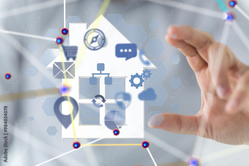 Aufkleber home iot - Neural network 3D illustration. Big data and cybersecurity