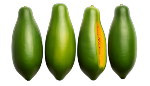  Papaya verde dall'alto- Sei papaye verdi disposte su uno sfondo bianco, riprese dall'alto, _1(290)