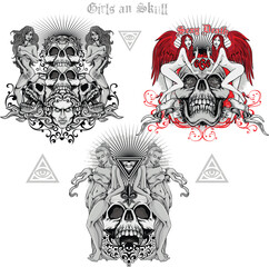 Obraz premium set, gothic sign with skull and sexy tattooed girls, grunge vintage design t shirts 