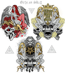 set, gothic sign with skull and 
sexy tattooed girls, grunge vintage design t shirts
