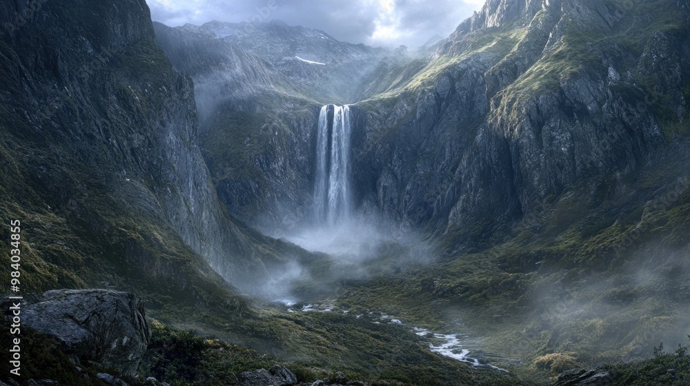 Wall mural Majestic Waterfall Cascading Down Steep Cliffs