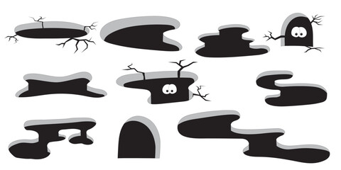 Cleft in the ground and a hole in the floor. Hole with cracks in the ground